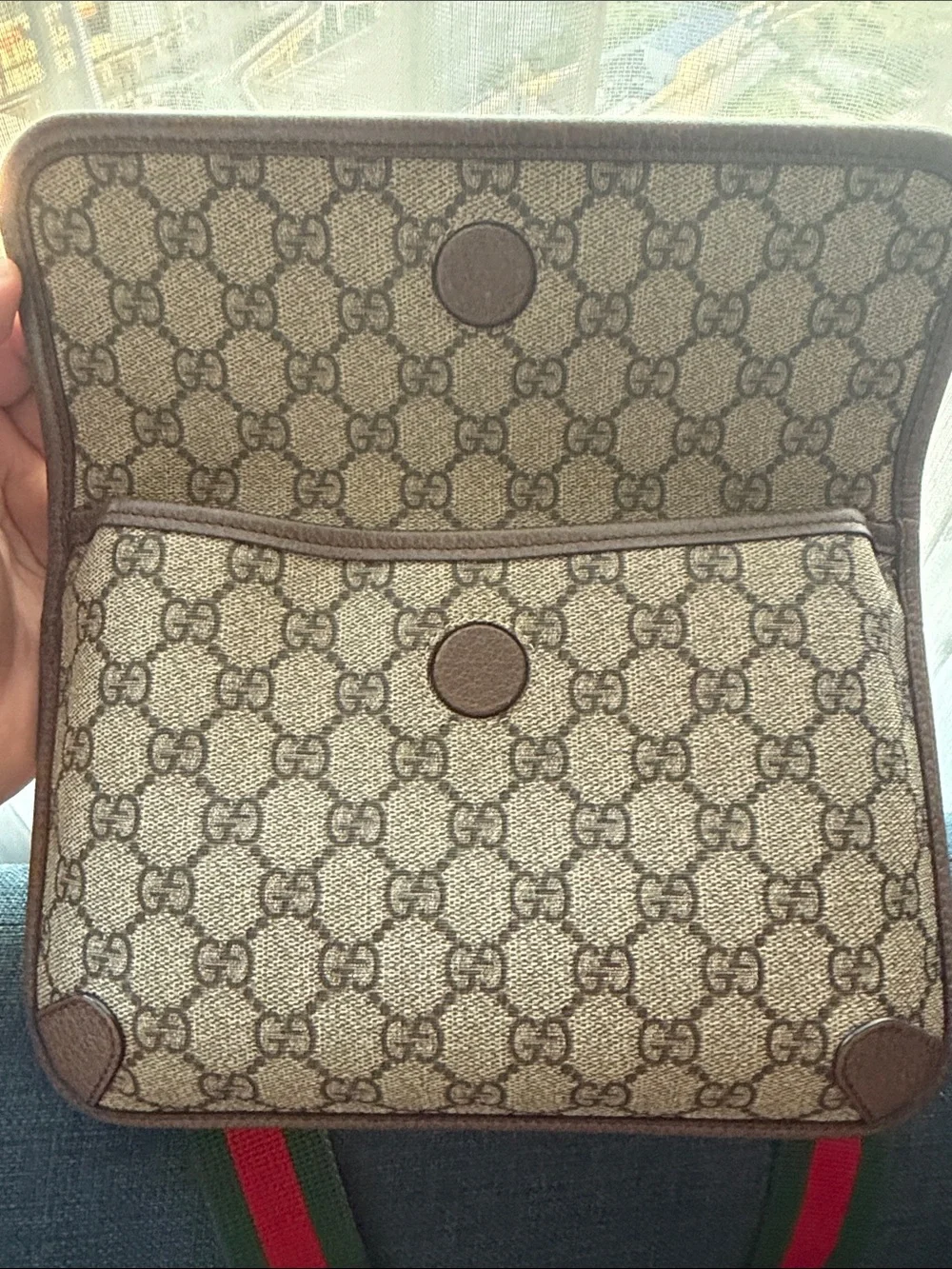 Gucci Beige GG Supreme Canvas Belt Bag with Green and Red Web Strap